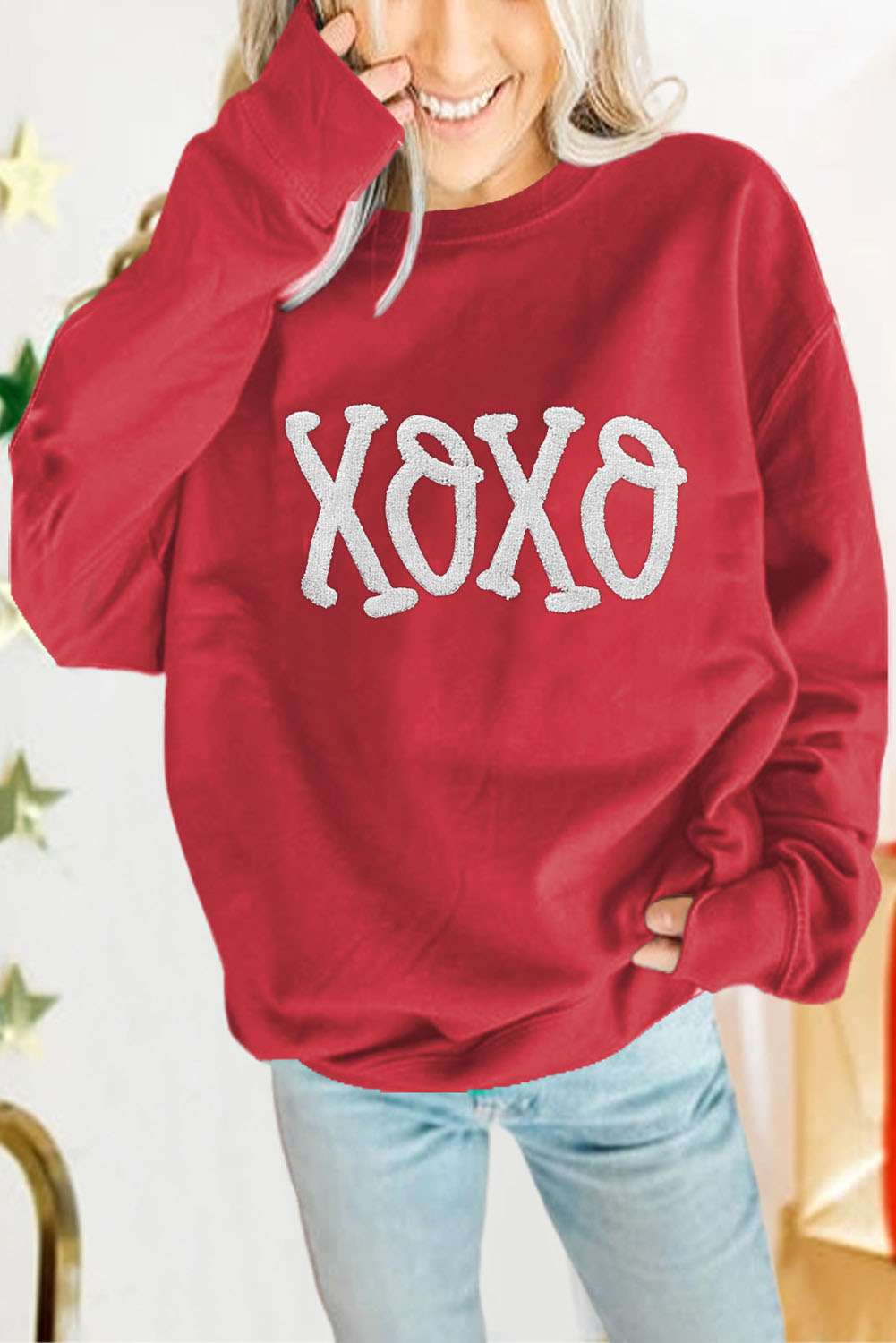  Racing Red XOXO Print Drop Sleeve Pullover Sweatshirt