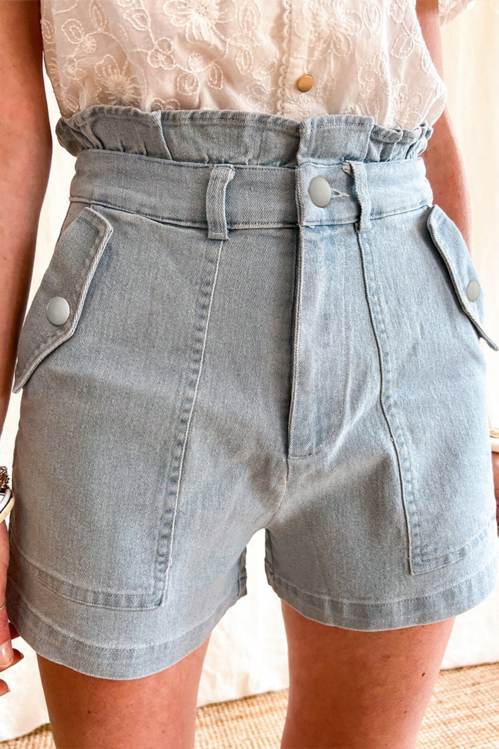 Shewin Wholesale Custom Beau Blue Ruffled High Waist Flap Pockets DENIM Shorts