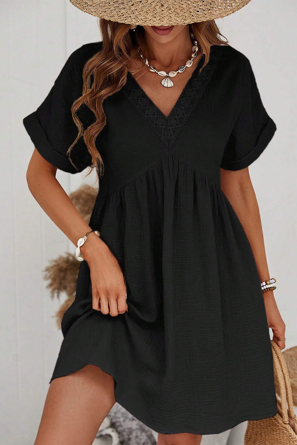  Black Folded Short Sleeve Lace V Neck Mini DRESS