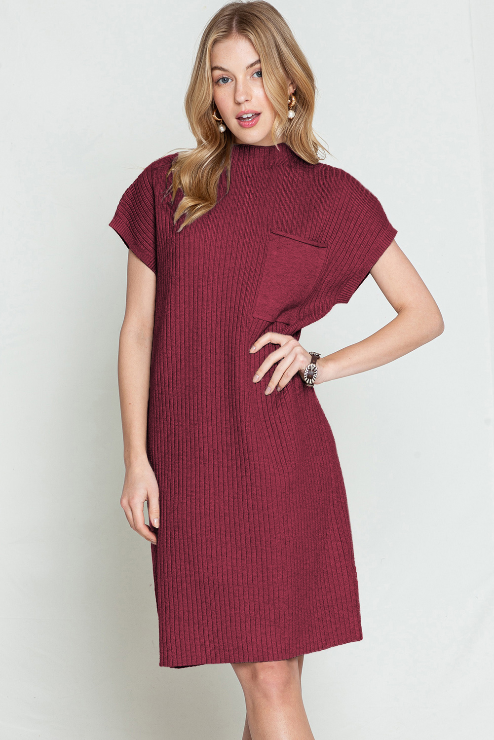 Shewin Wholesale Bulk Red Patch Pocket Ribbed Knit Short Sleeve Sweater DRESS