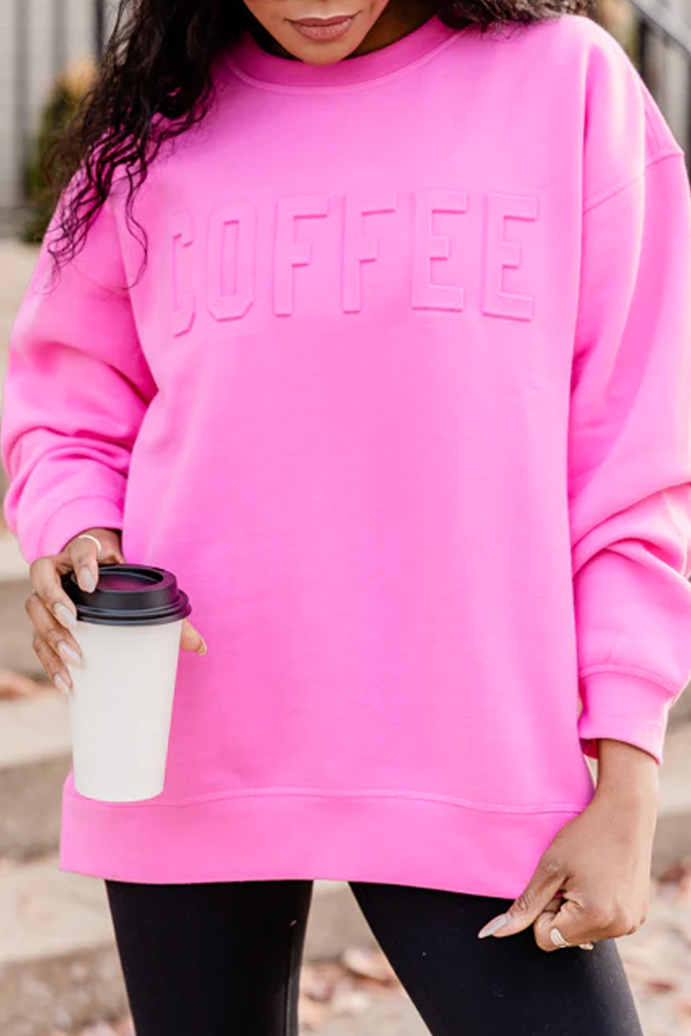  Bonbon Casual COFFEE Letter Drop Shoulder Sweatshirt