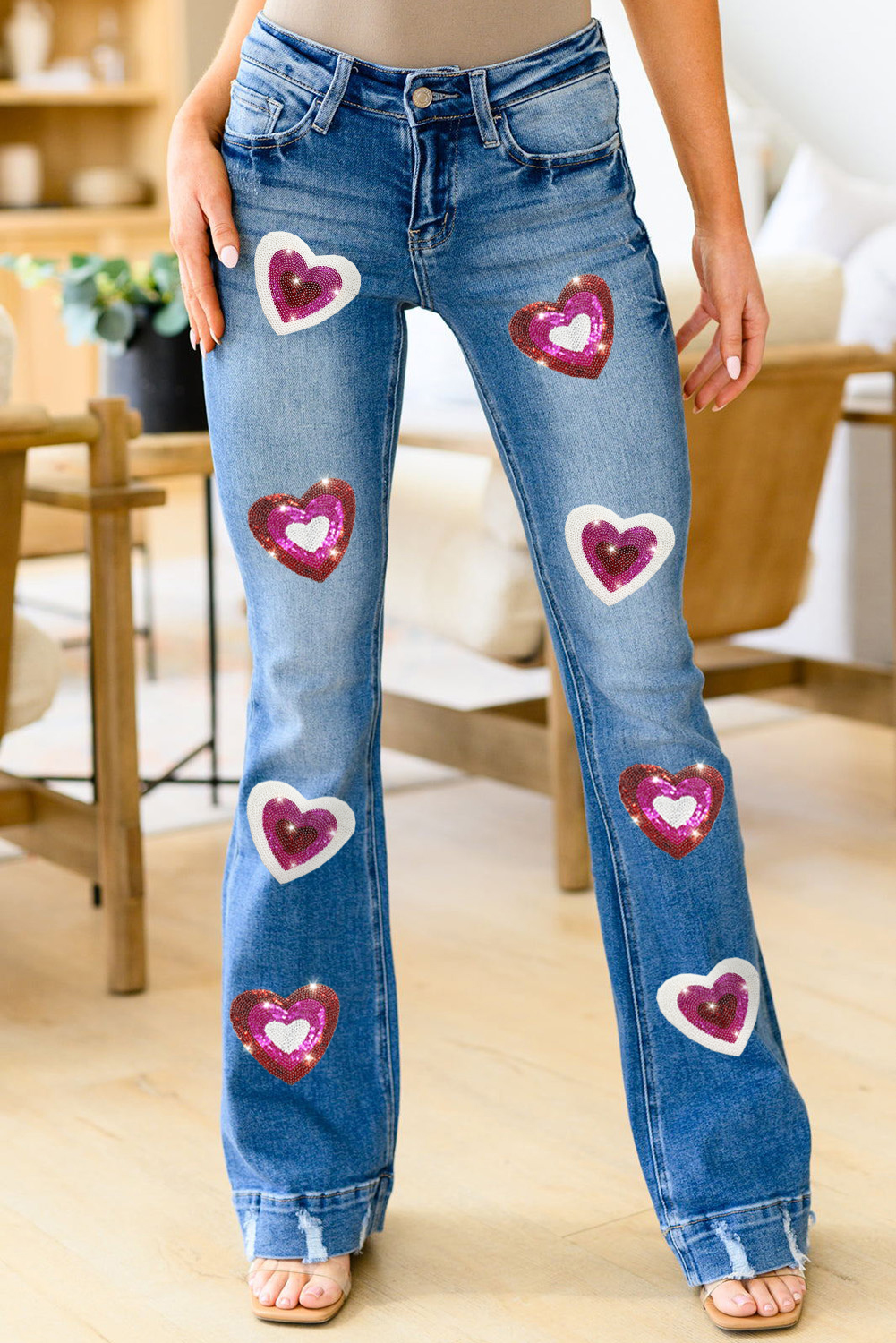Wholesale Sky Blue Sequin Heart Shape Graphic Distressed Flare JEANS