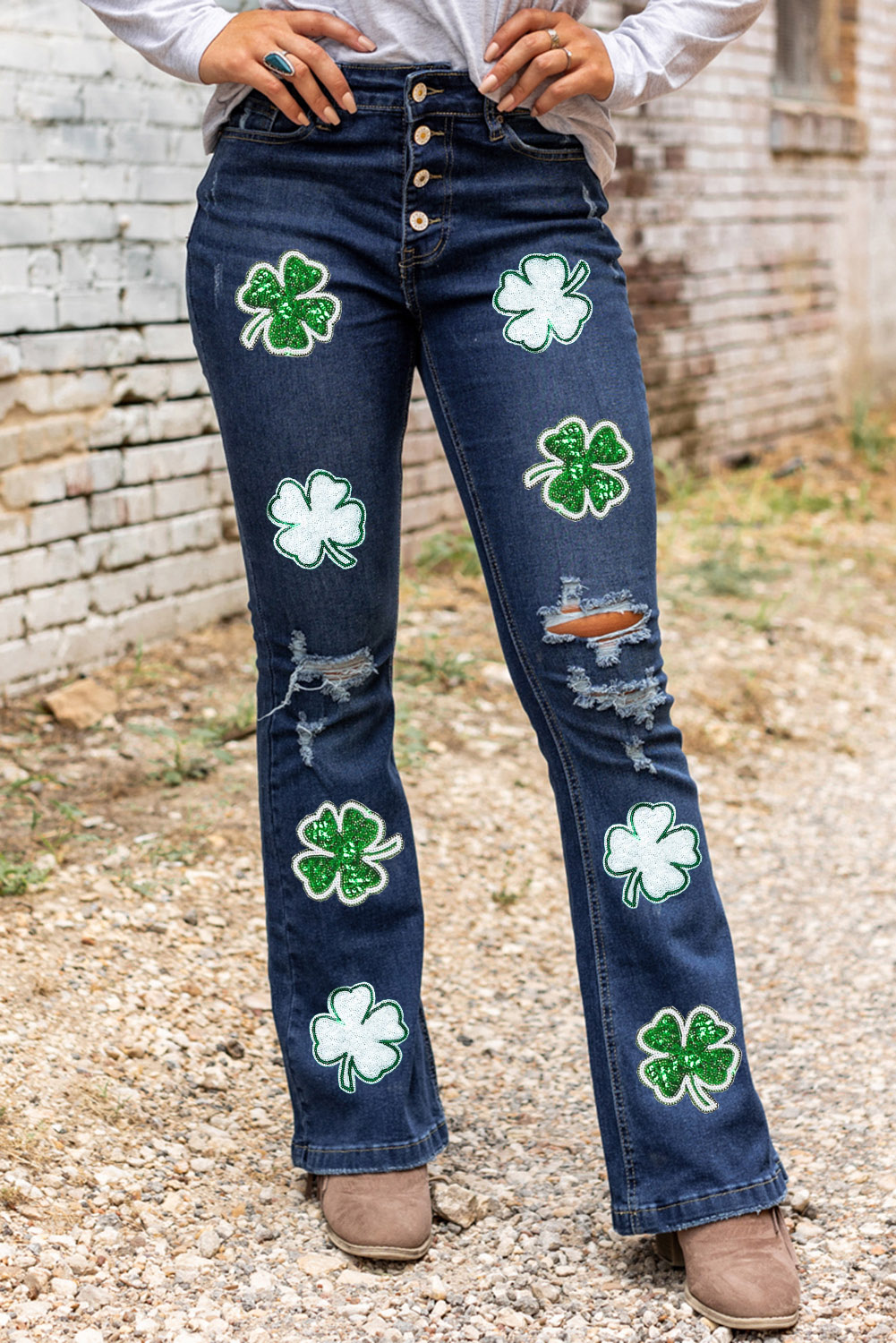 Wholesale Blue Sequin Four Leaf Clover Graphic Frayed Flare JEANS