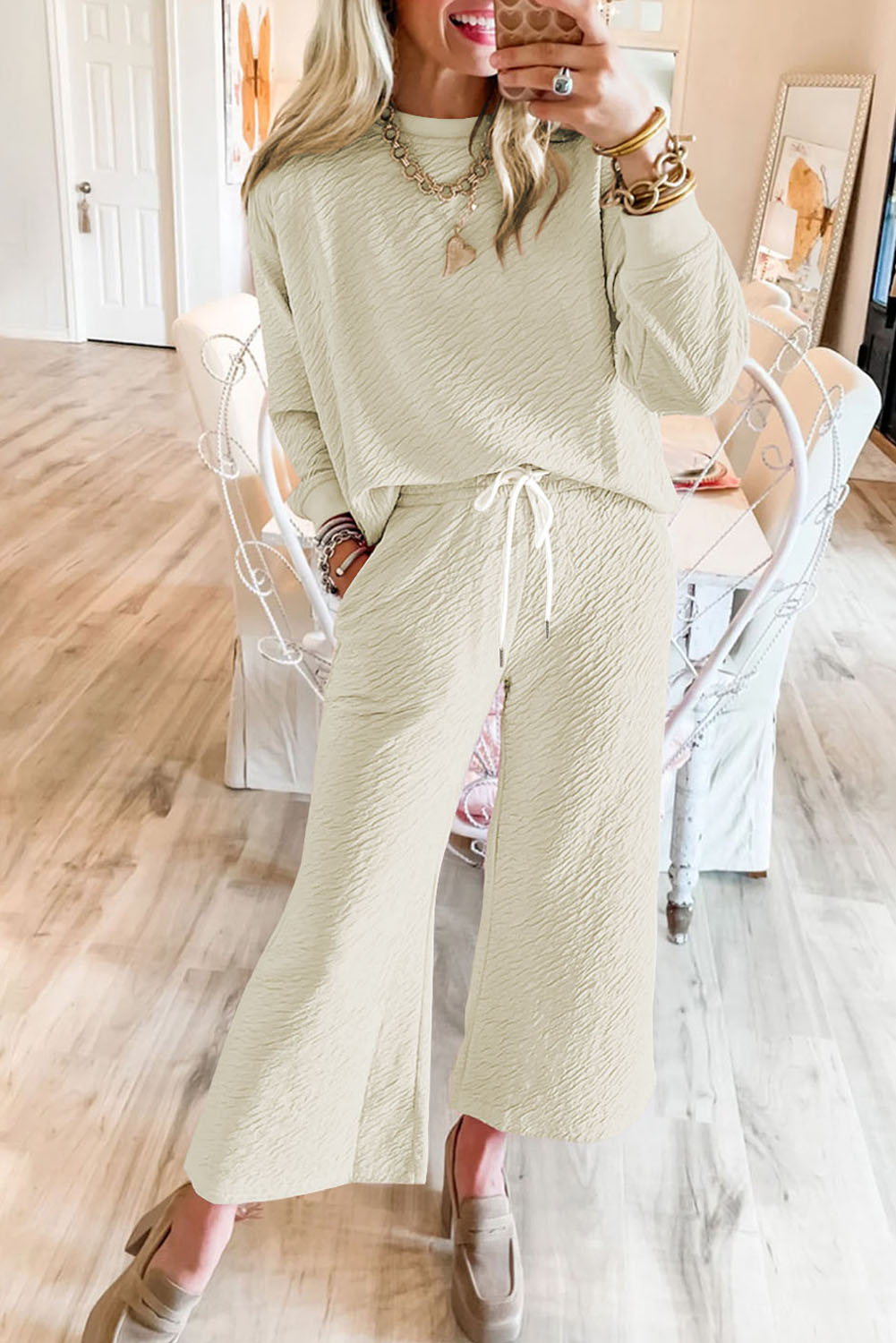 Shewin Wholesale Elegant White Solid Color Textured Long Sleeve Top and PANTS Set