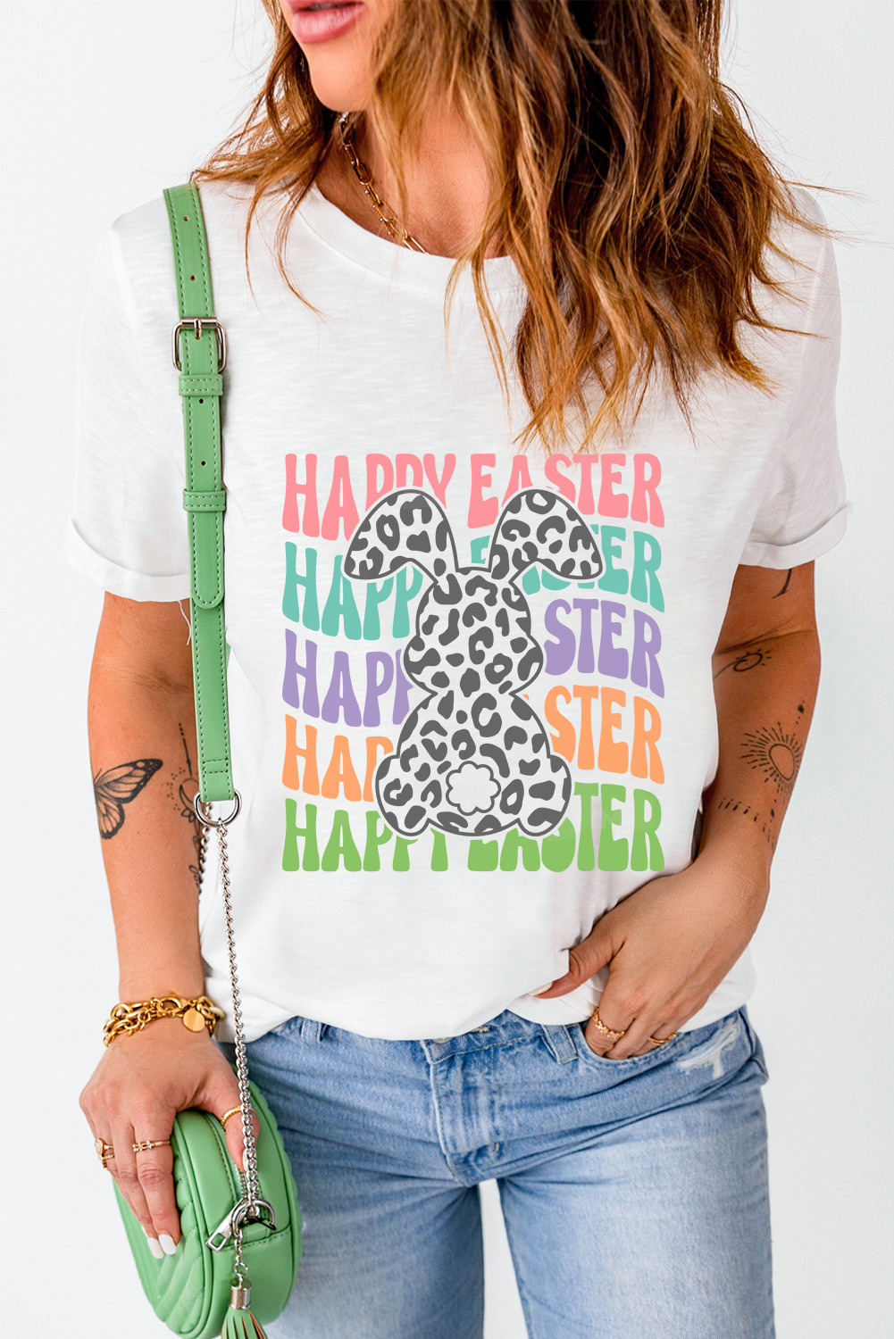 White Happy Easter Rabbit Graphic Crew Neck T Shirt