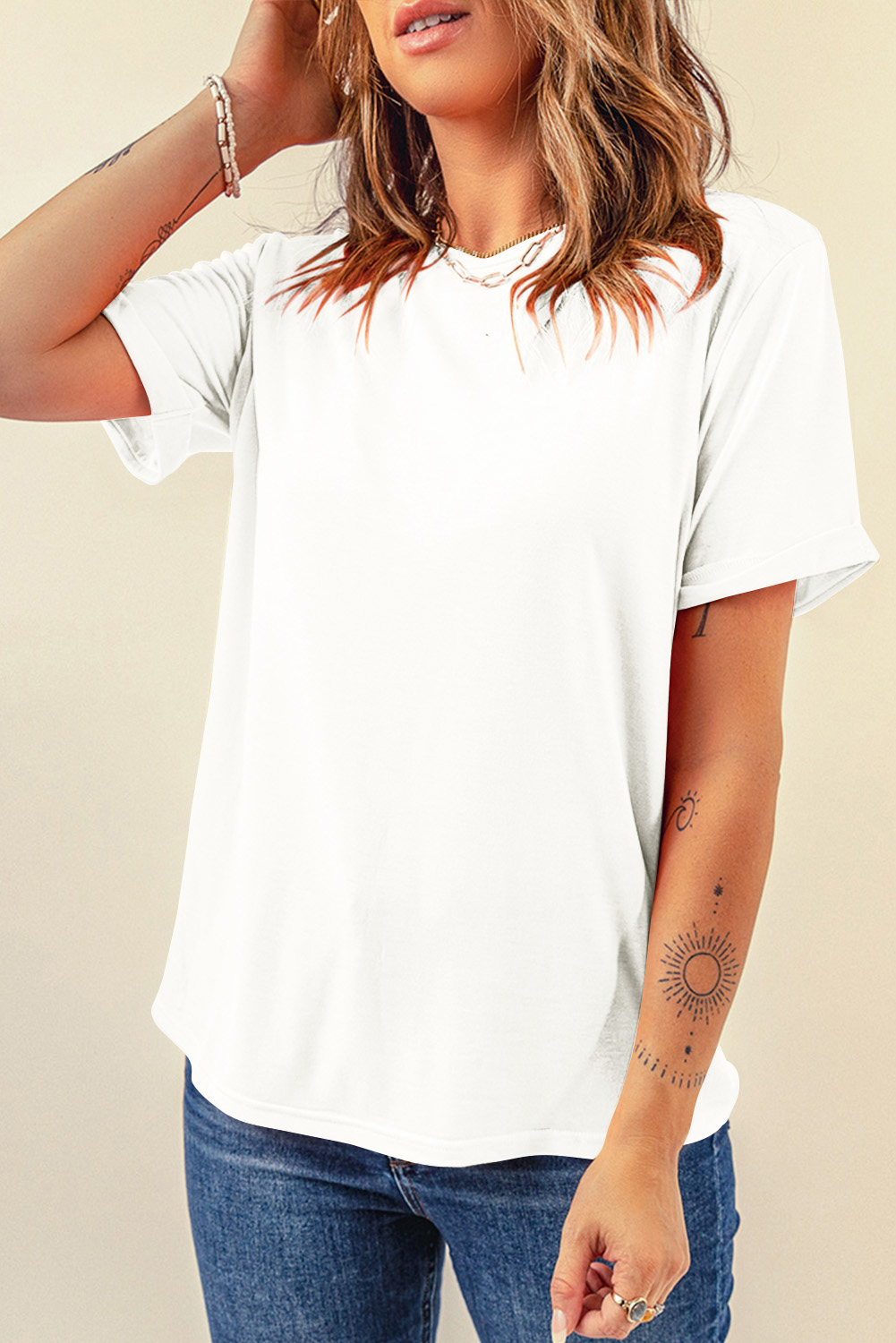 Shewin Wholesale Casual White Solid Color Basic Crew Neck Plain Tee