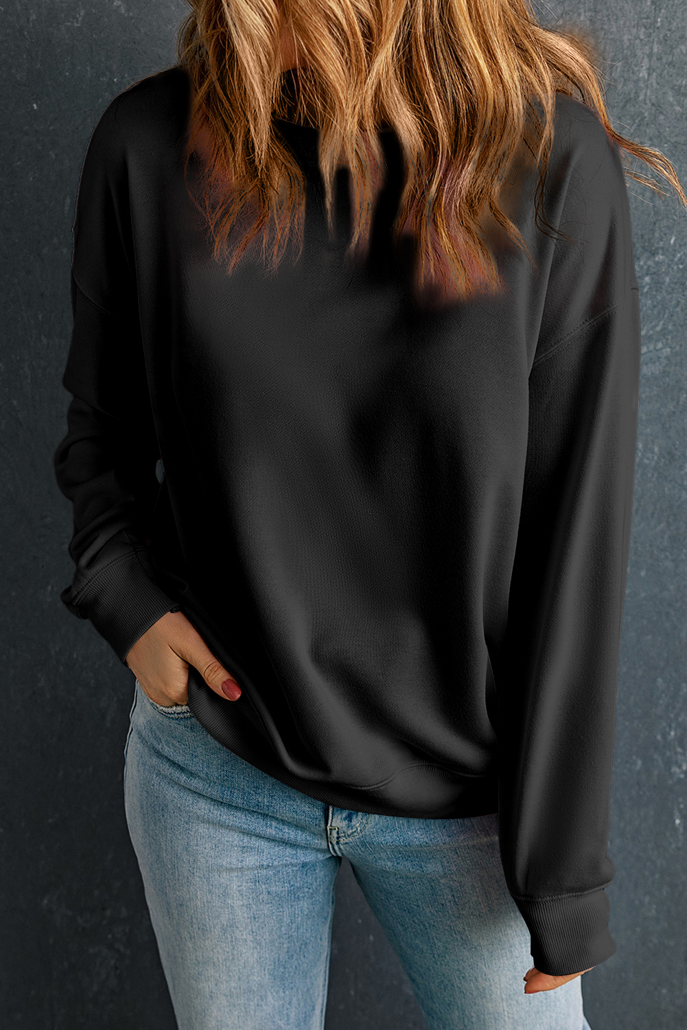 Black Solid Color Classic Crewneck Pullover Sweatshirt
