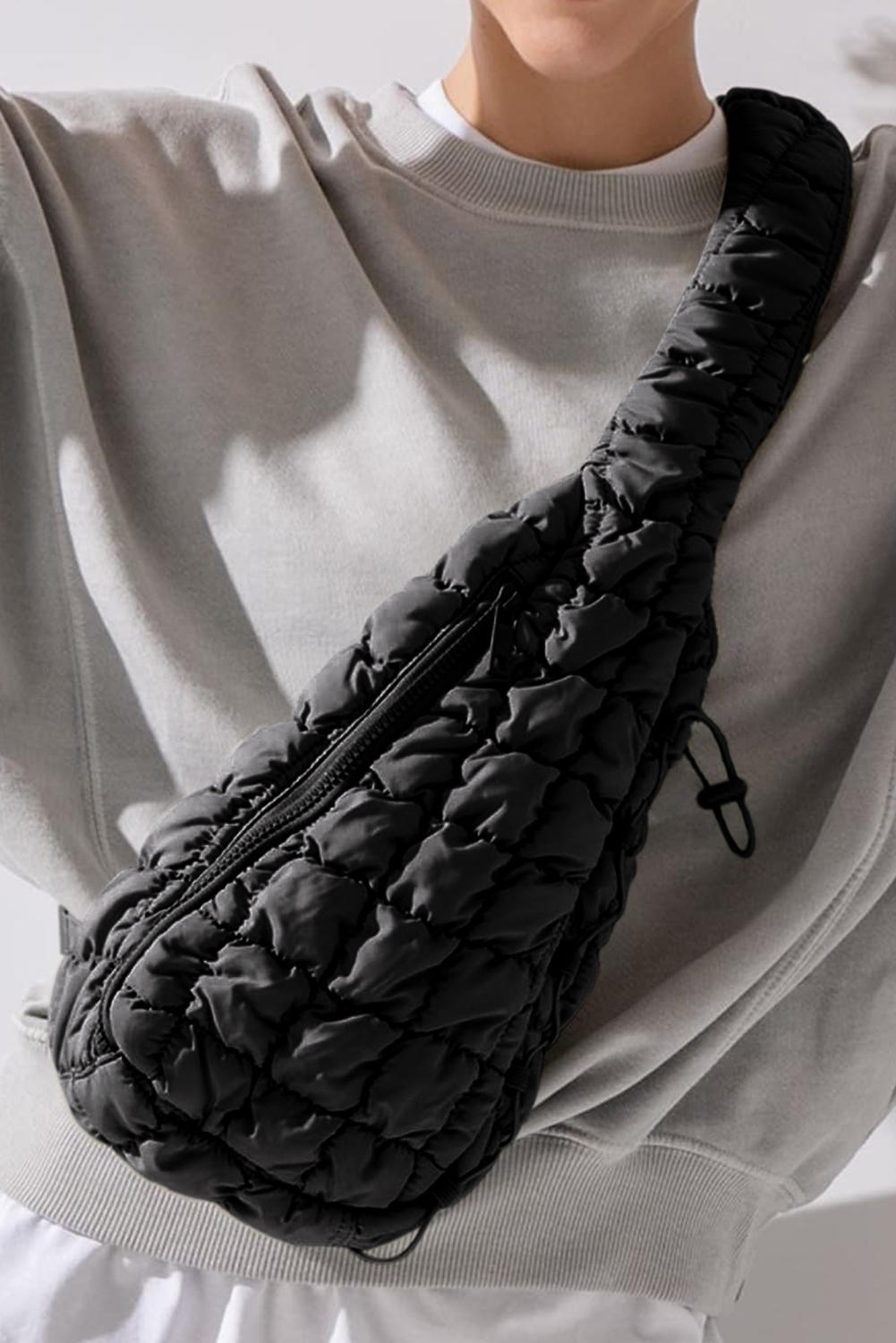 Black Marshmallow Quilted Drawstring Decor Crossbody BAG
