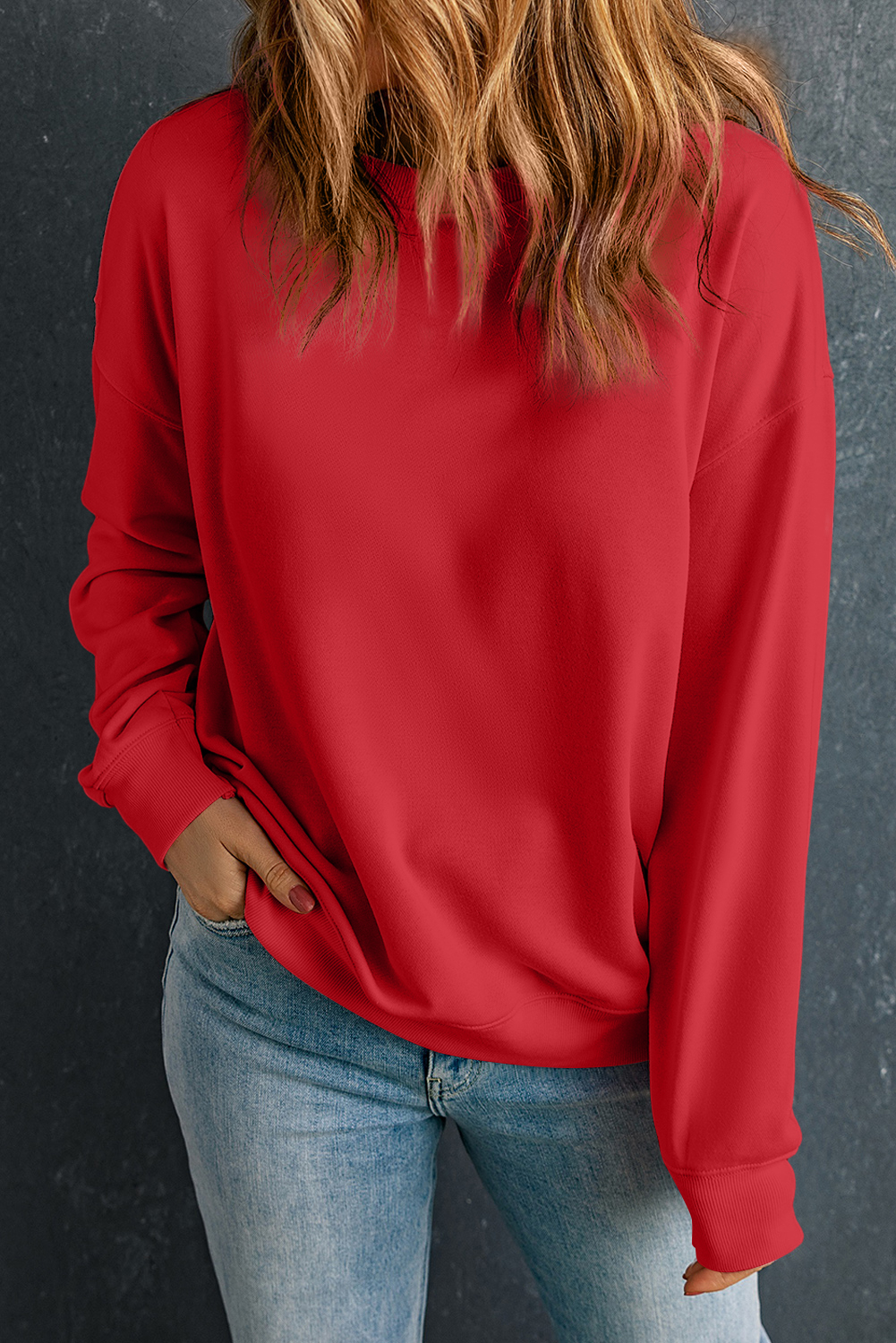 Red Solid Color Classic Crewneck Pullover Sweatshirt