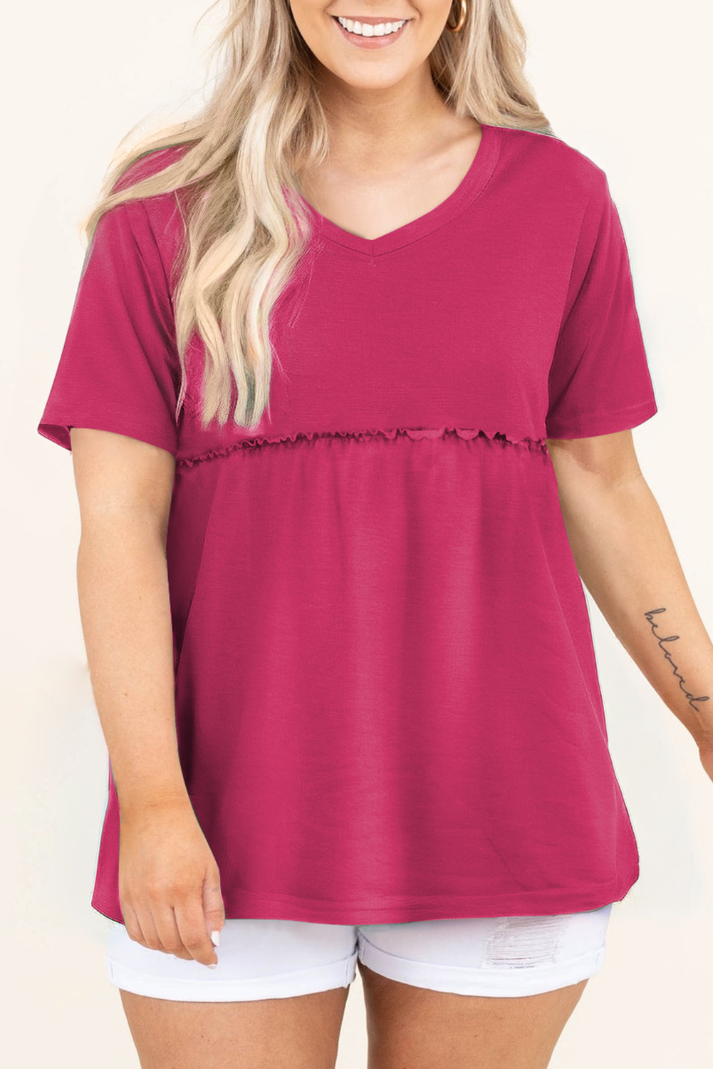Rose Red Solid Color SHORT Sleeve Flowy Plus Size Top