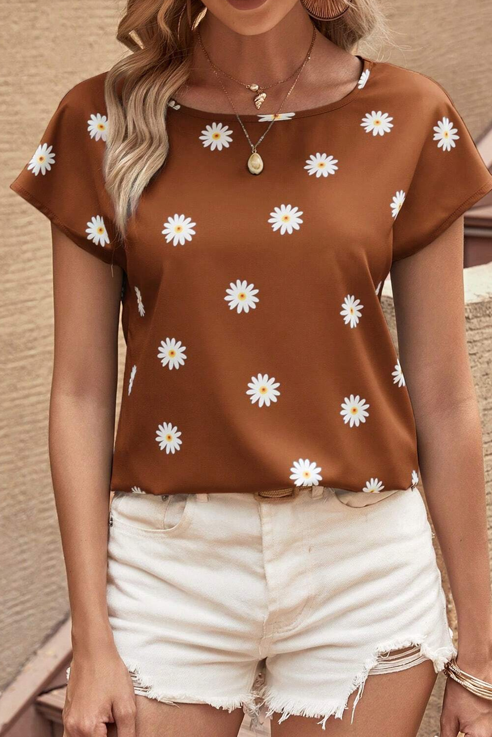 Shewin Wholesale Chic LADY Chestnut Summer Daisy Print Batwing Sleeve Blouse