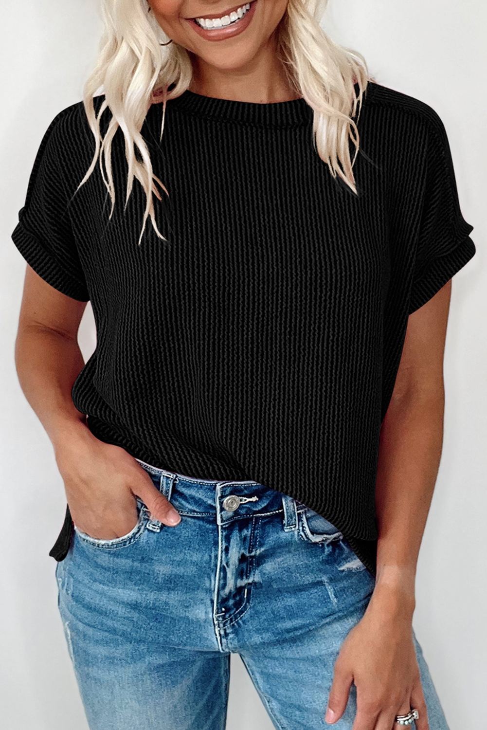 Shewin Wholesale Dropshippers Black Ribbed Knit Exposed Seam Round Neck T-SHIRT