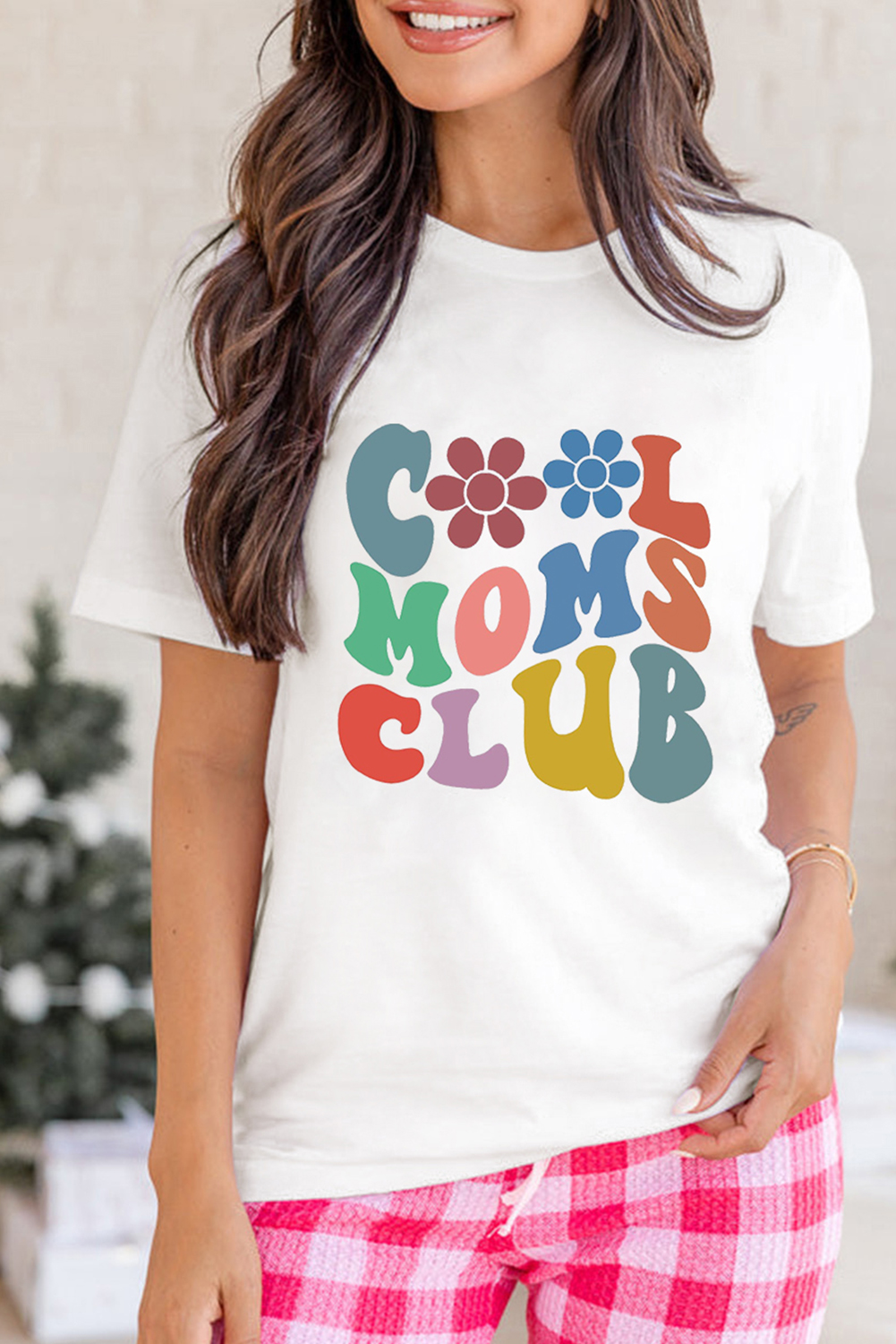  White COOL MOMS CLUB FLOWER Graphic Crew Neck T Shirt