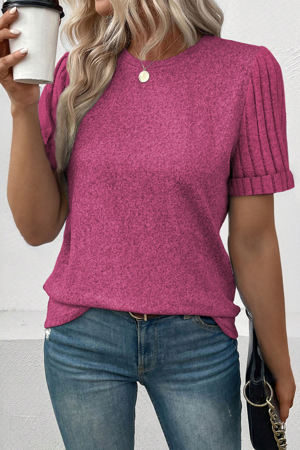 Shewin Wholesale Fall Bright Pink Ribbed Splicing Short Sleeve Round Neck T-SHIRT