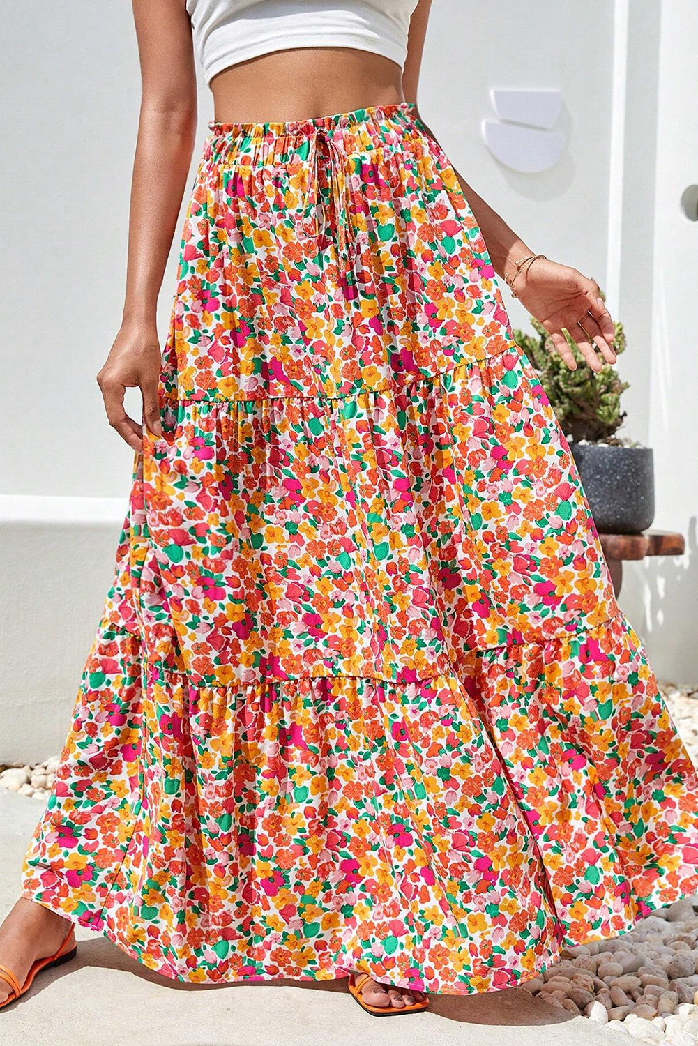 Shewin Wholesale Chic LADY Yellow Boho Floral Print Tiered Maxi Skirt