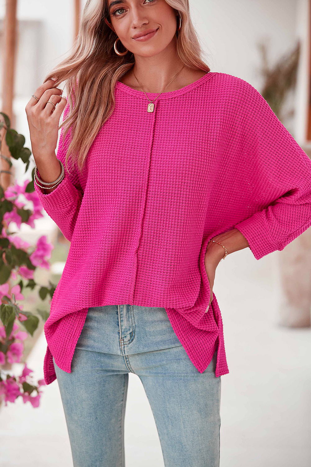 Shewin Wholesale Suppliers Rose RED TextuRED Center Seam Long Sleeve Split Top