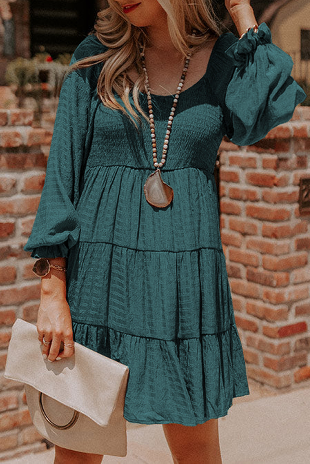 Shewin Wholesale WESTERN Clothes Mist Green Long Sleeve Smocked Tiered Boho Dress