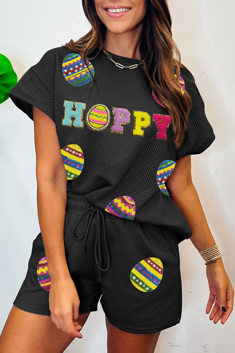 Black Easter Eggs Graphic Textured Shorts Set