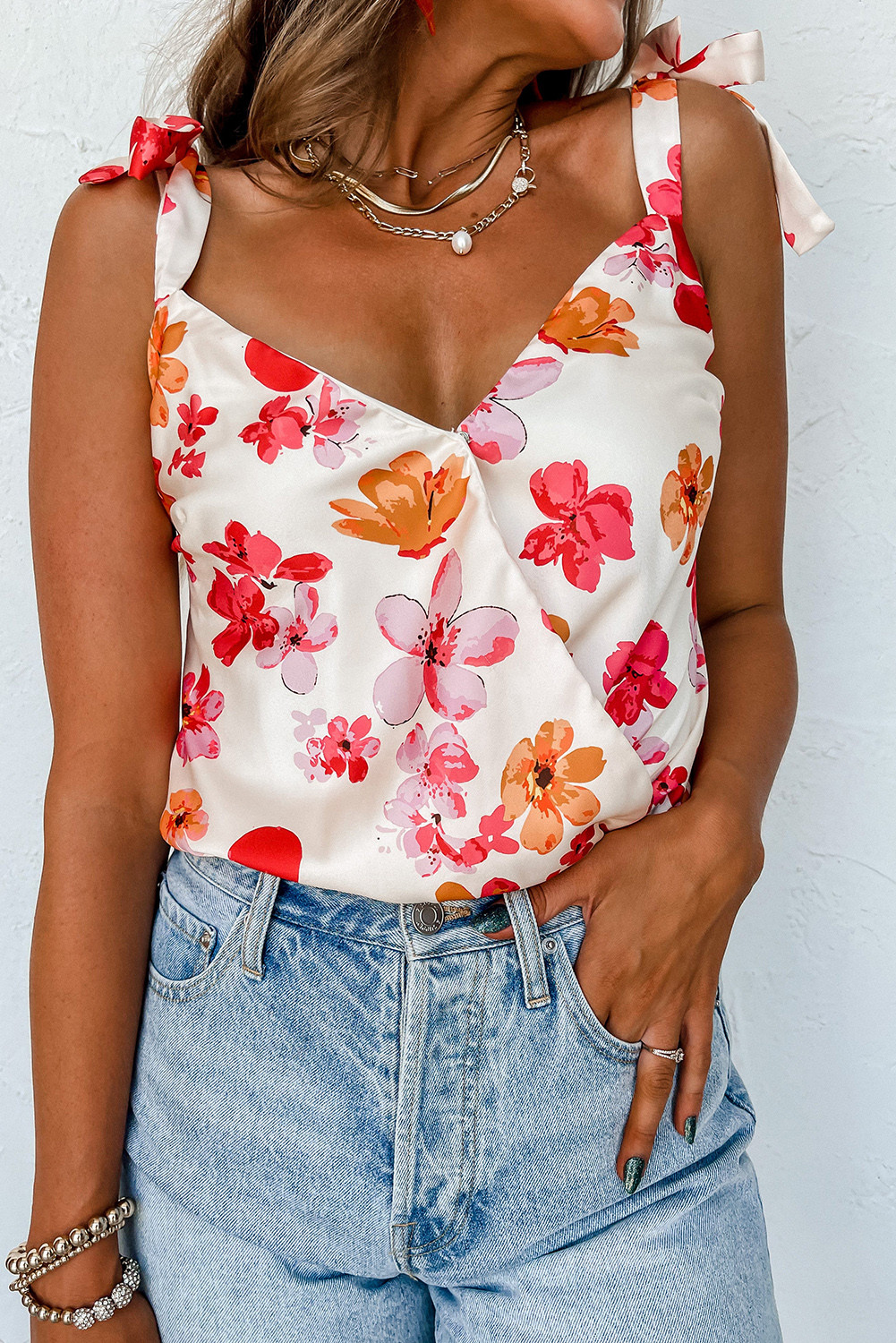 White Floral Print Knot Straps Wrap Bodysuit