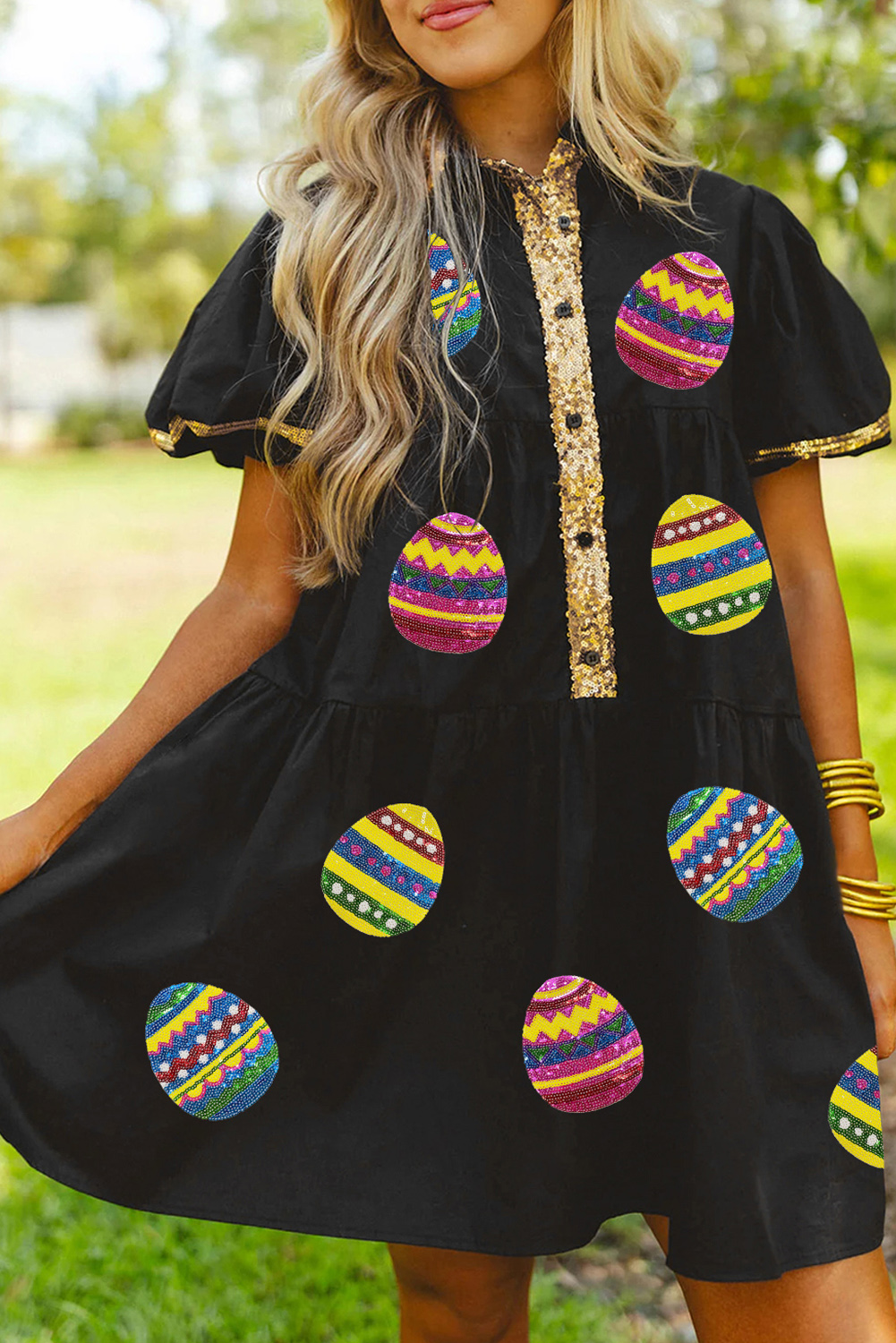  Black Easter Egg Sequin Half Button Neck Puff Sleeve Graphic DRESS