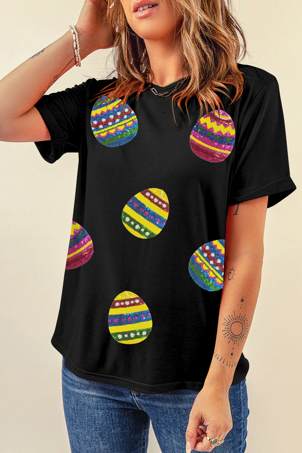 Shewin Wholesale Spring Black Easter Sequin Eggs Graphic Round Neck T SHIRT