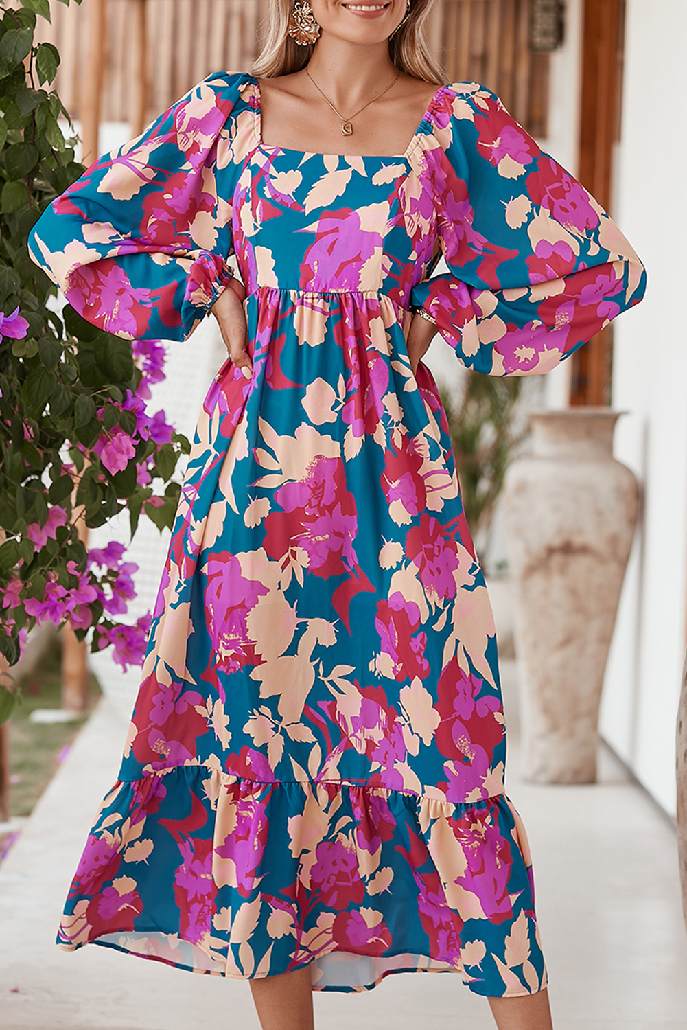 Shewin Wholesale Trendy Multicolor Boho Floral Print Square Neck Ruffle Midi DRESS