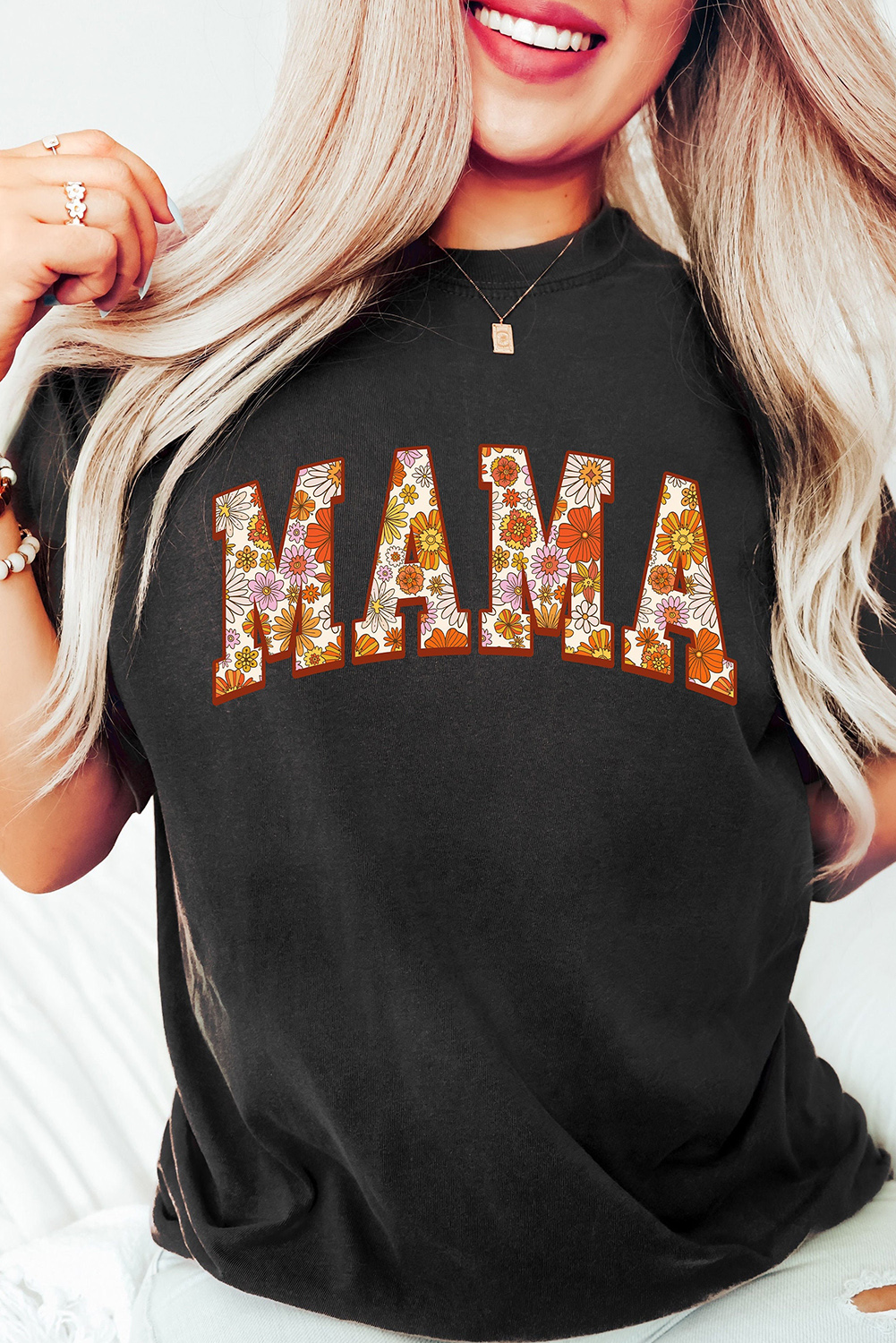 Black FLOWER Printed MAMA Letter Graphic T Shirt