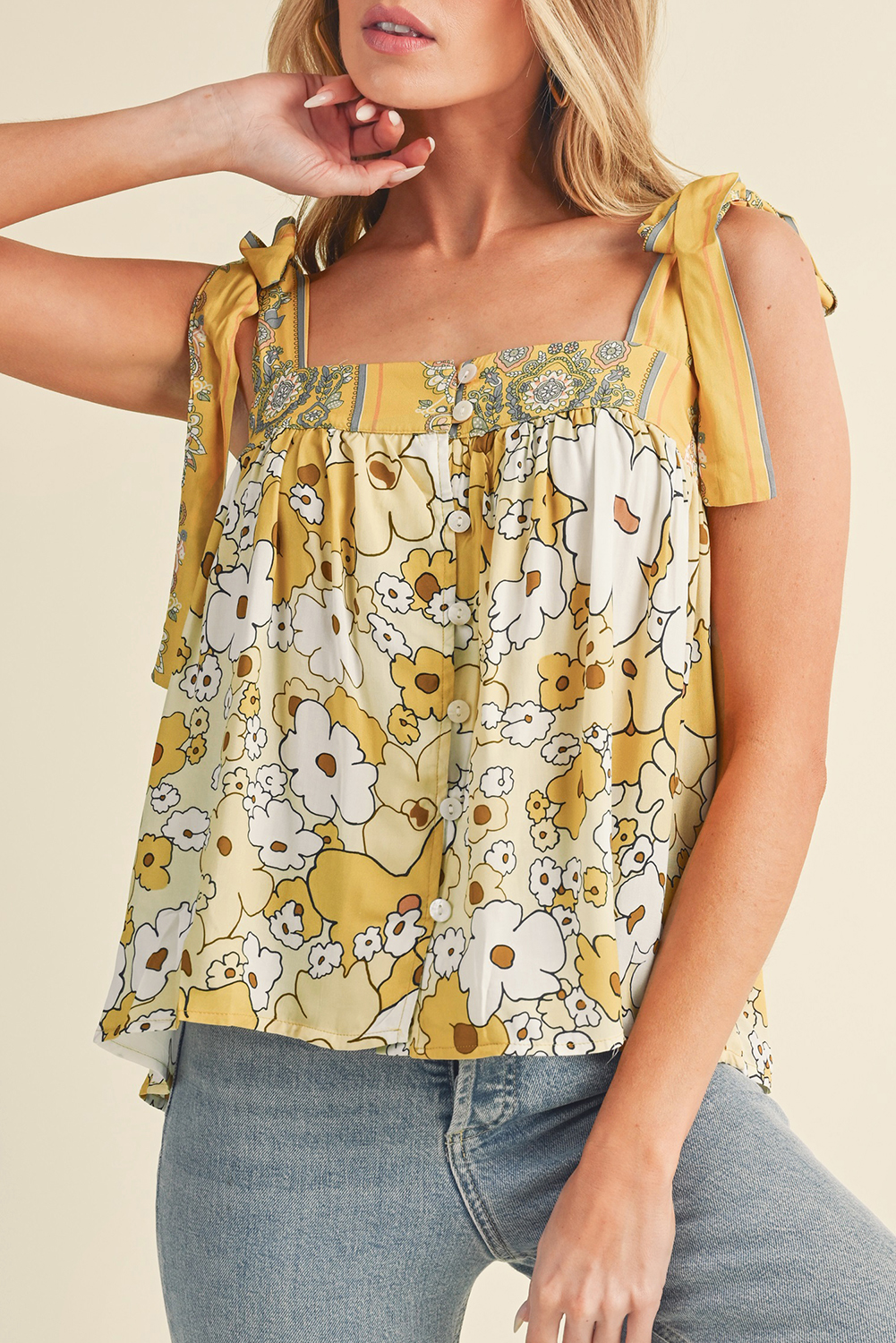  Yellow Floral Patchwork Boho Knot Straps Top