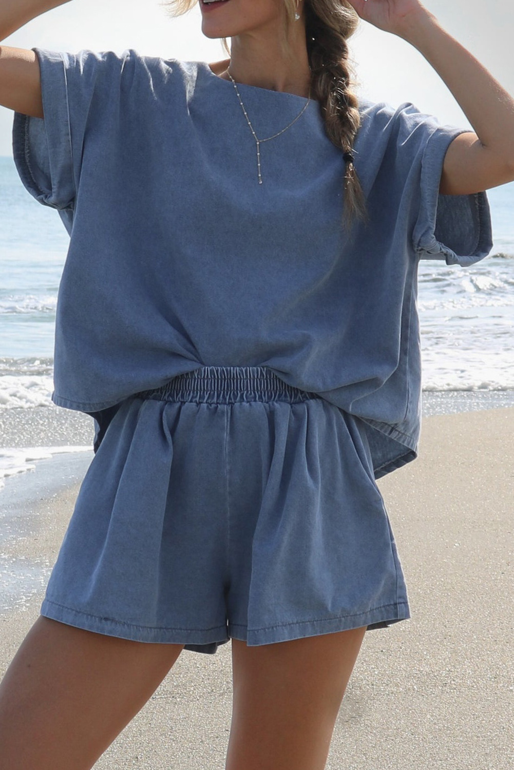 Shewin Wholesale Southern Light Blue DENIM Loose Fit Tee and Shorts Set