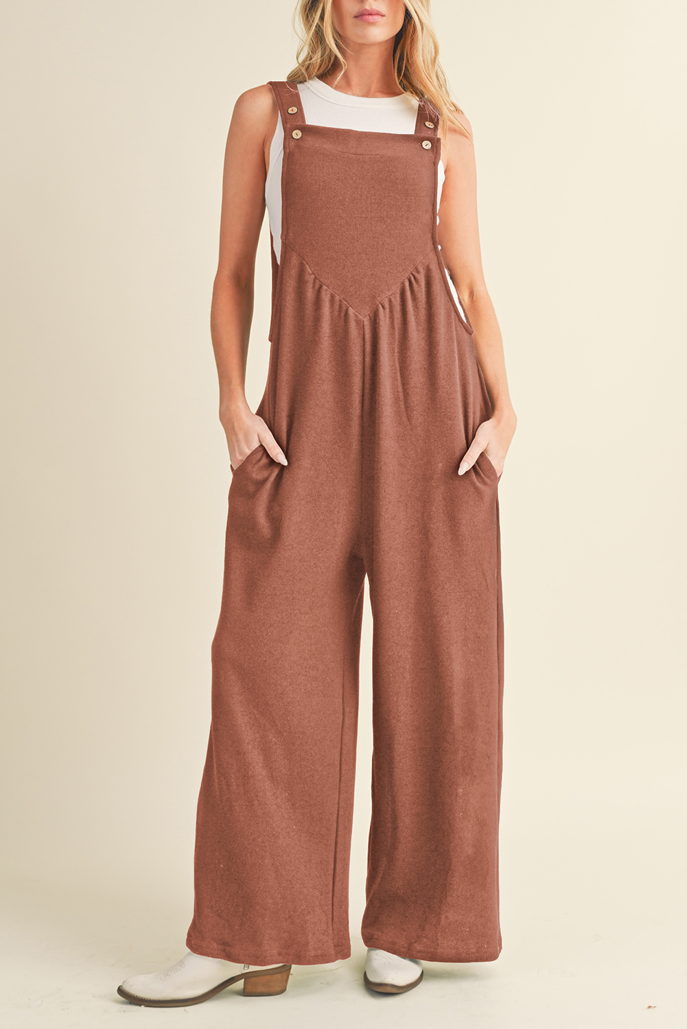 GOLD Flame Buttoned Straps Ruched Wide Leg Jumpsuit