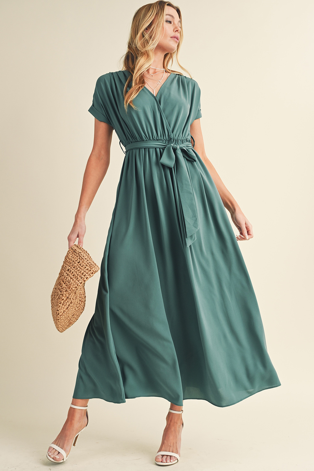  Wholesale Green Wrap V Neck Belted Pleated Maxi DRESS