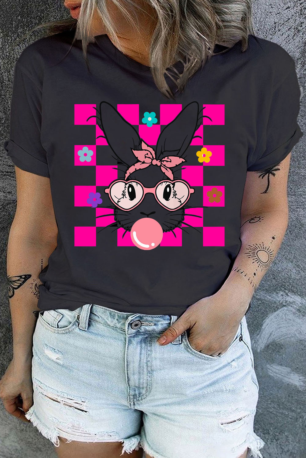 Black Easter Rabbit Checkered Flower Graphic Plus Tee