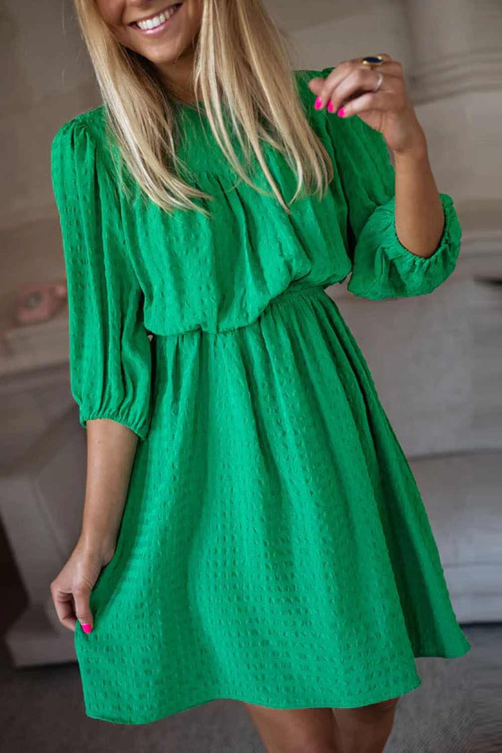 Shewin Wholesale Chic Female Dark Green Solid Color Round Neck Puff Sleeve Mini Dress