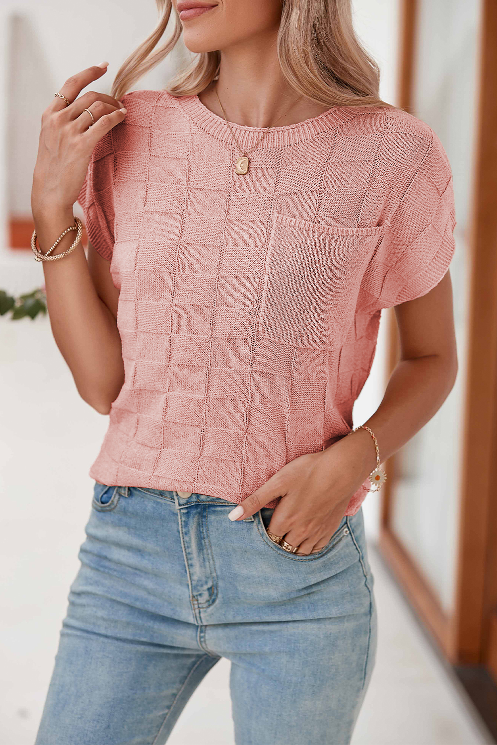 Shewin Wholesale Spring Wholesale Dusty Pink Lattice Textured Knit Short Sleeve Baggy SWEATER