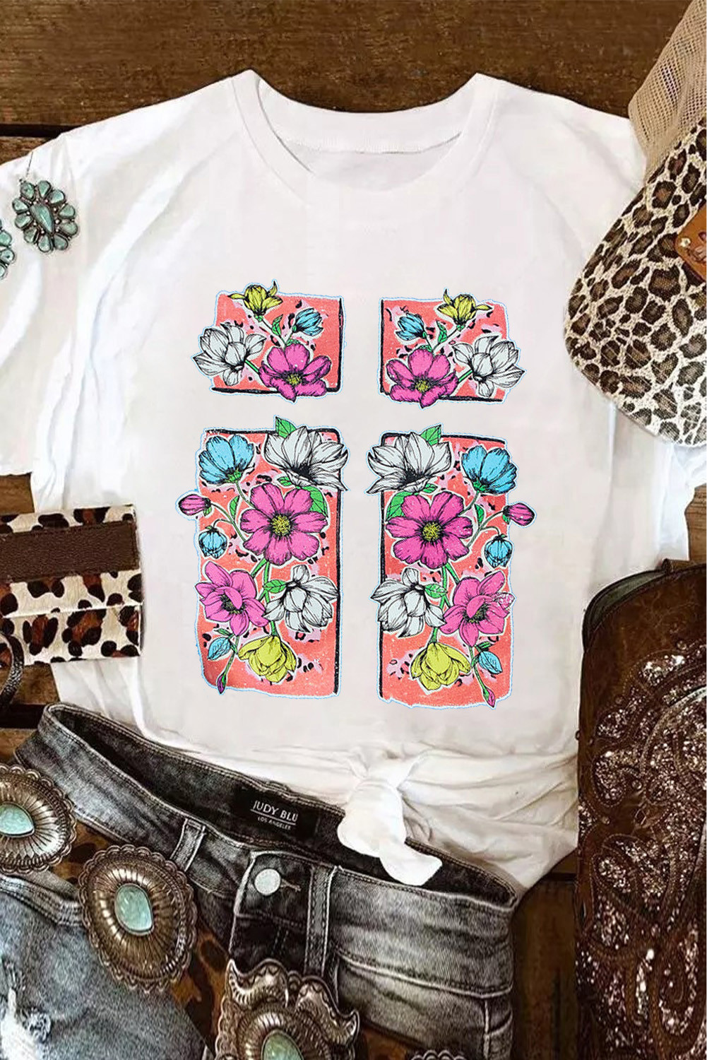White Floral Print Graphic Crewneck Easter T Shirt