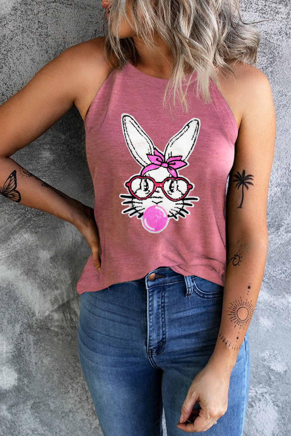 Pink Casual Easter Rabbit Graphic Tank Top