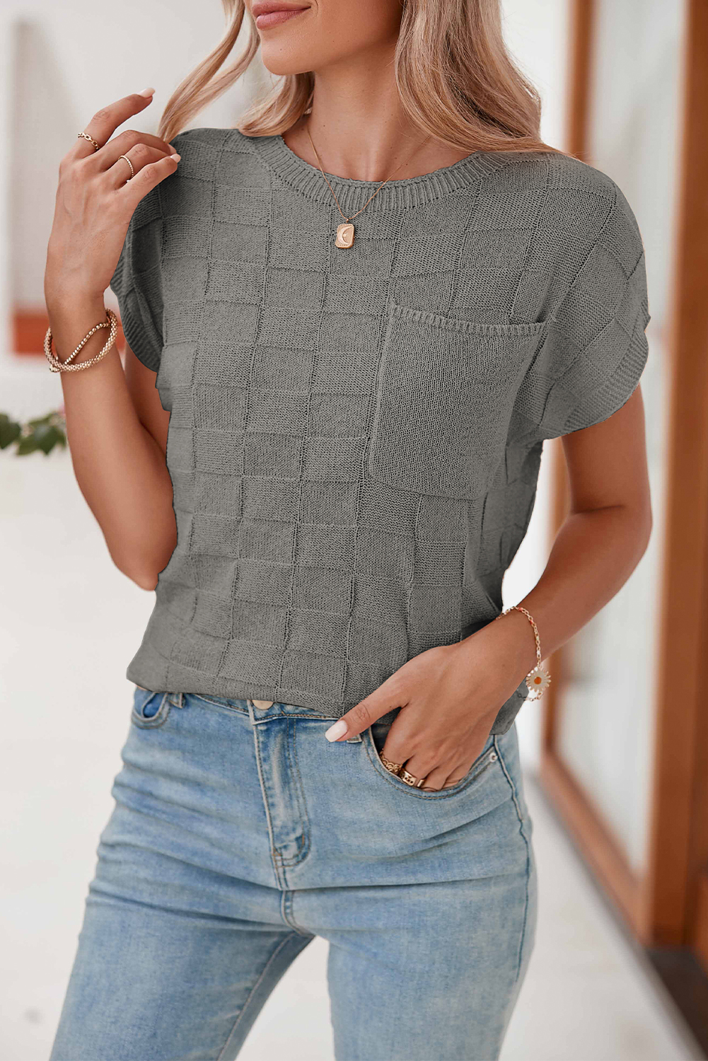 Shewin Wholesale Chic LADY Gray Lattice Textured Knit Chest Pocket Loose Blouse