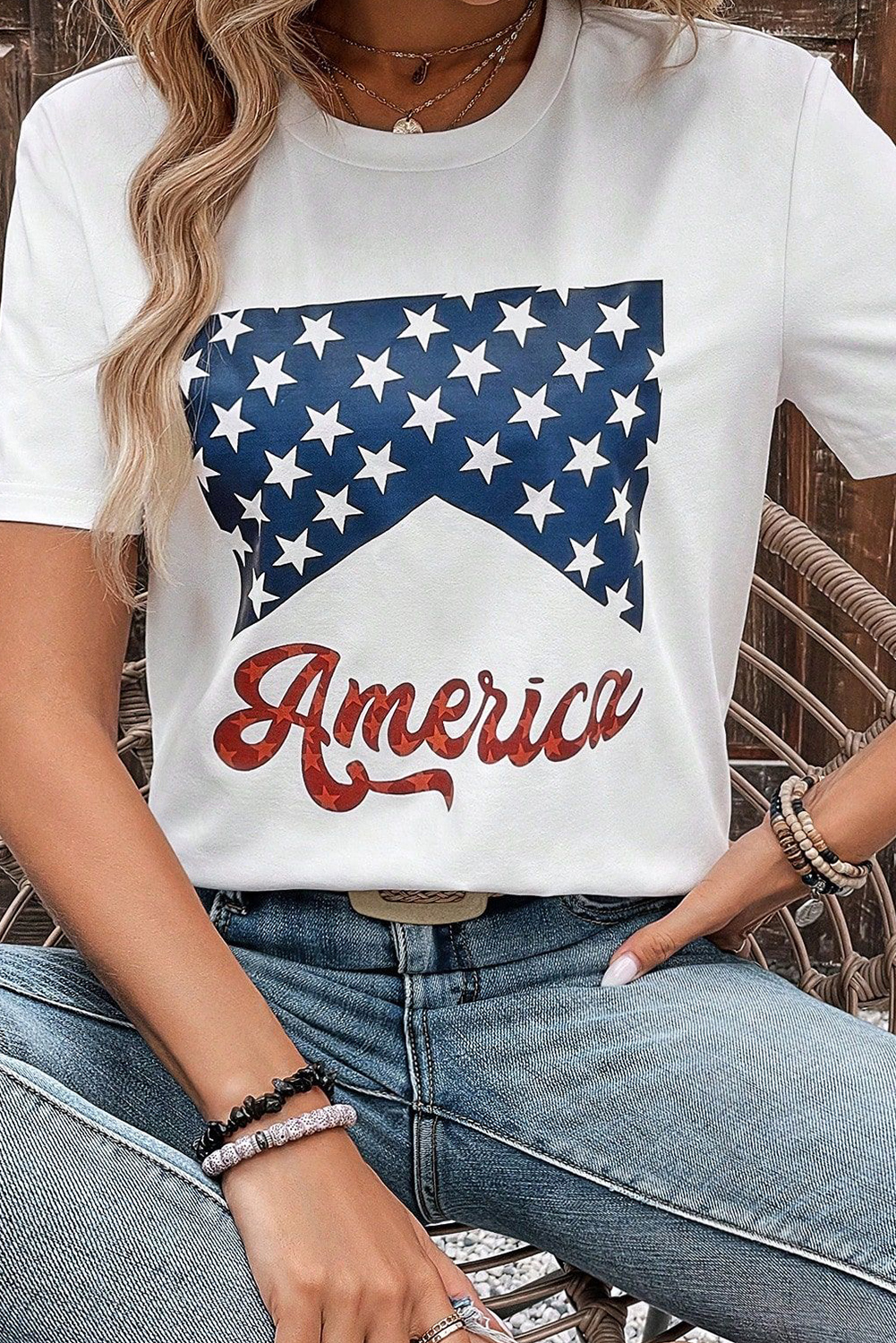 Shewin Wholesale Southern White Casual America Stars Graphic Crew Neck T SHIRT