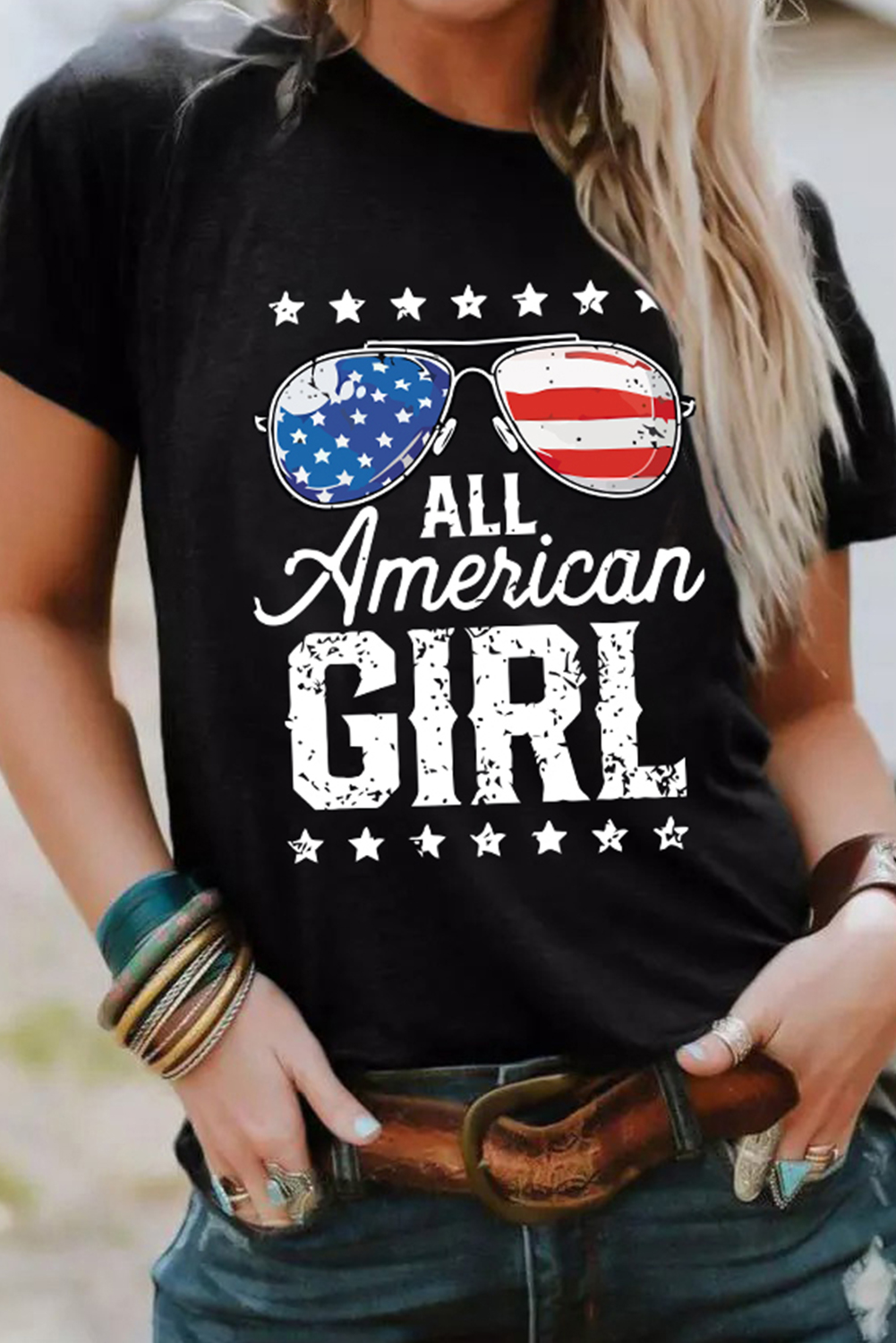 Shewin Wholesale Fall Black Stars and Stripes GLASSES Slogan Graphic T Shirt