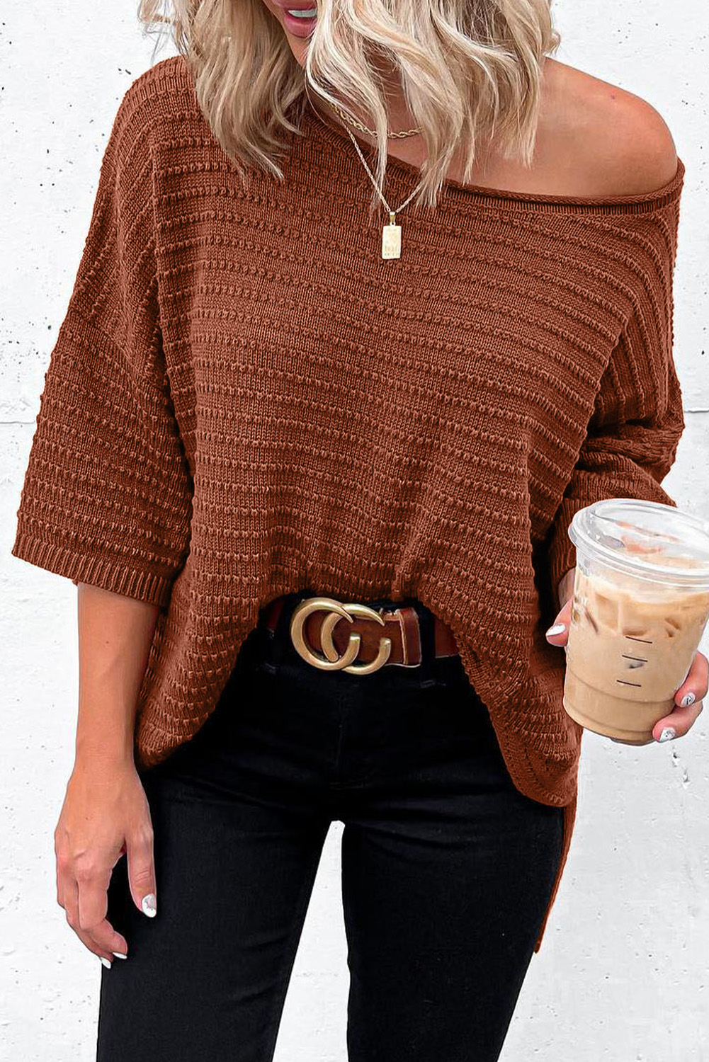 Shewin Wholesale Clothes Distributor Brown Solid Color Rib-Knit Drop Sleeve Side Slits Top