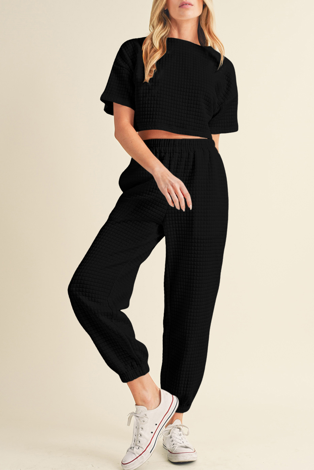Shewin Wholesale Chic Lady Black Textured Cropped Tee and Jogger PANTS Set