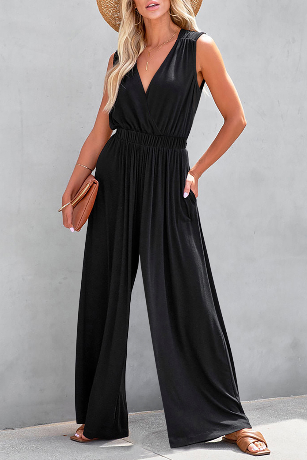 Shewin Wholesale CLOTHING Black Deep V Pocketed Pleated Wide Leg Jumpsuit
