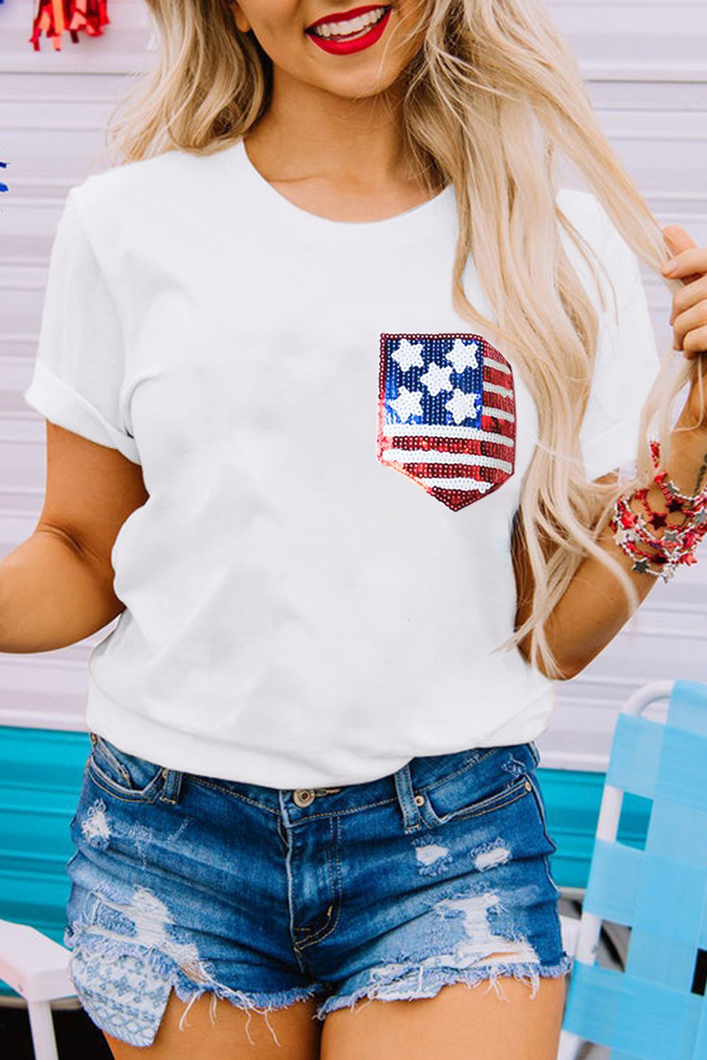 Shewin Wholesale Chic Female White American FLAG Sequin Graphic Pocket Patched T Shirt