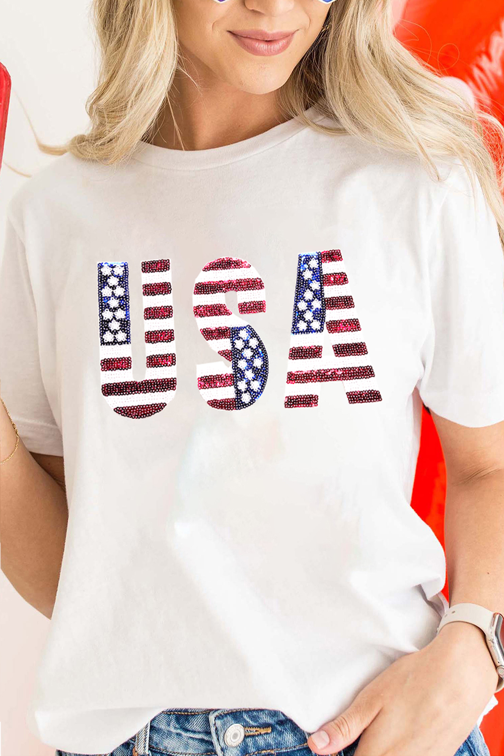  White USA FLAG Sequin Graphic Patched Round Neck T Shirt