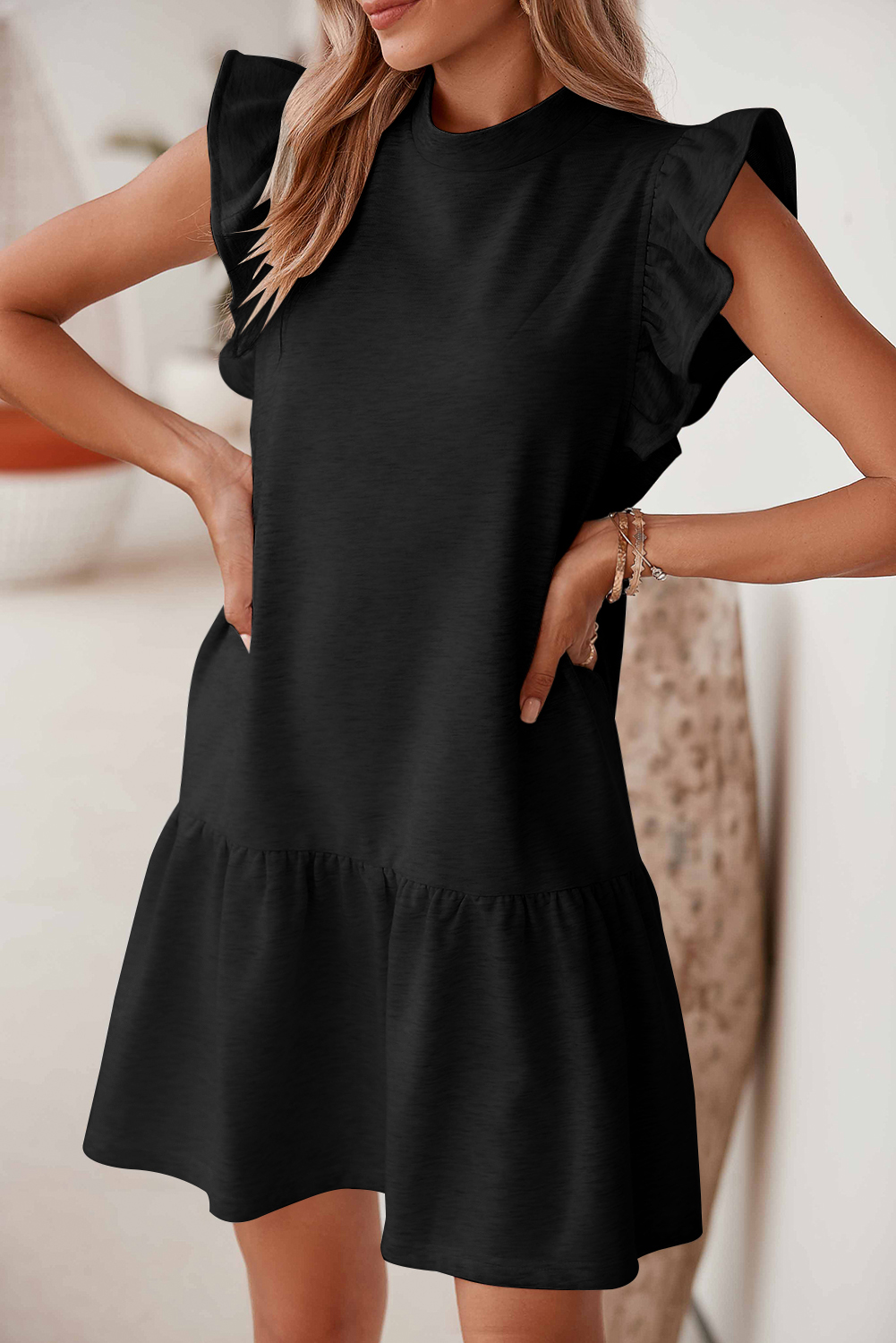 Shewin Wholesale Dropshipping Black Solid Color Ruffle Hem Mini SWEATSHIRT Dress