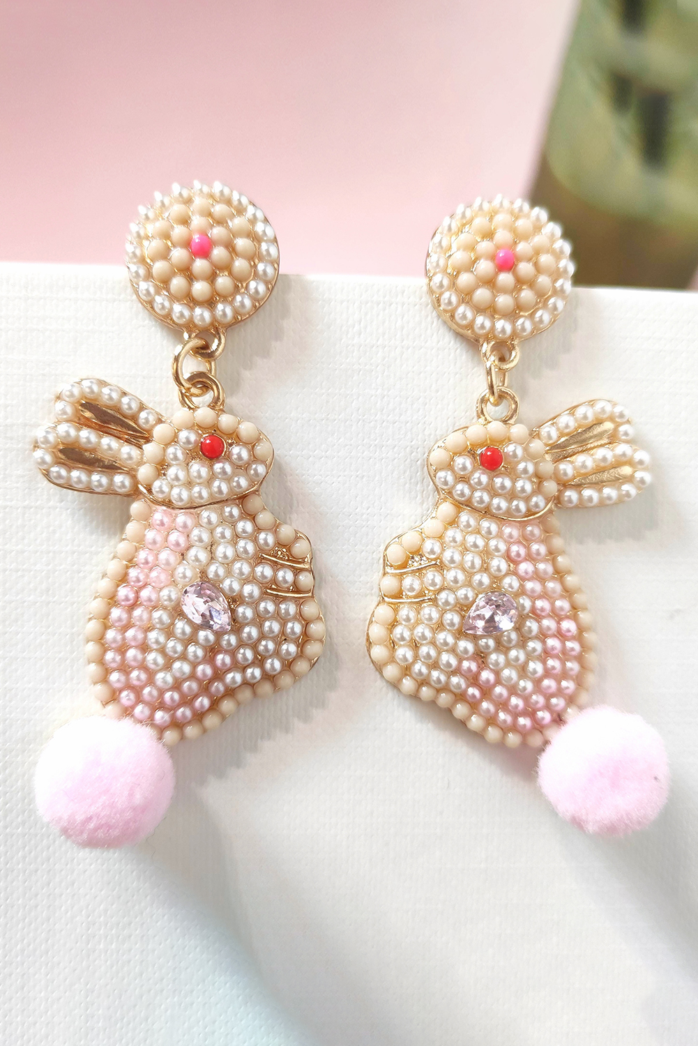 Pink Easter PEARL Beaded Bunny Dropping Earrings