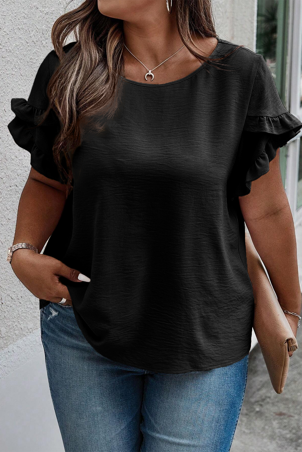 Shewin Wholesale New arrival Black Ruffled SHORT Sleeve Plus Size Top