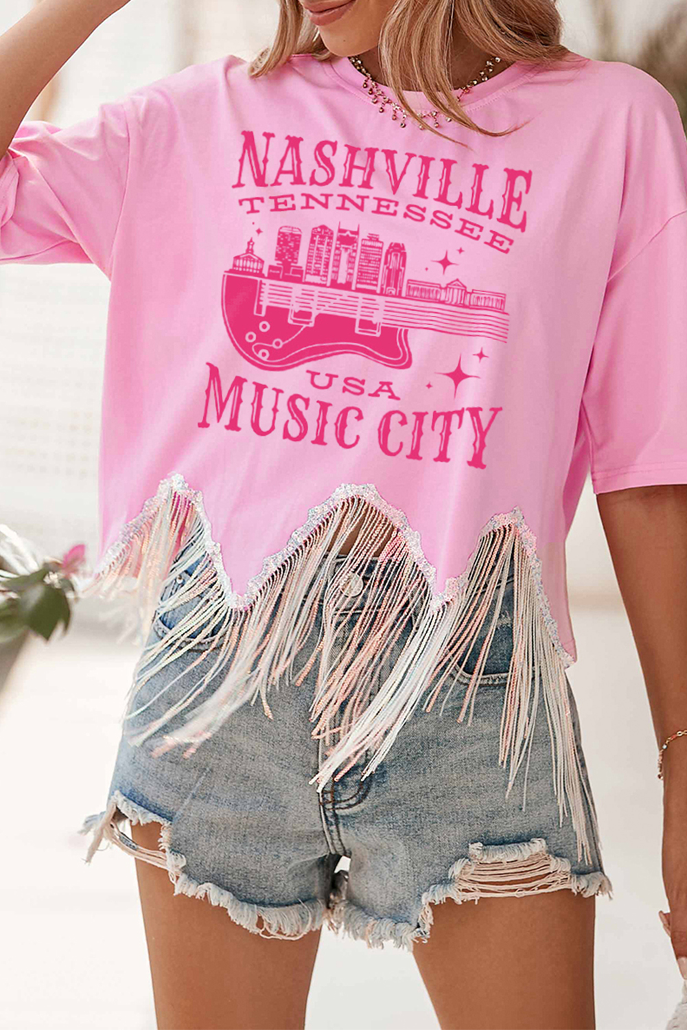 Shewin Wholesale Casual Pink NASHVILLE MUSIC CITY Graphic Sequin Fringed Hem Tee