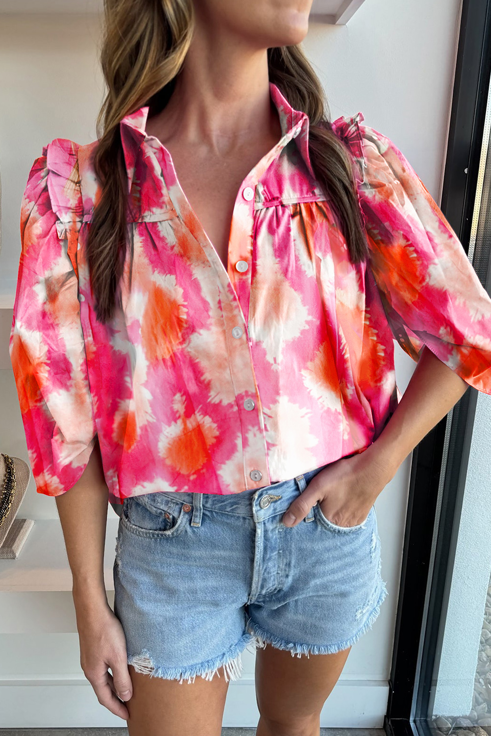 Shewin Wholesale Trendy Multicolour TIE Dye Abstract Print Ruffle Puff Sleeve Pleated Blouse