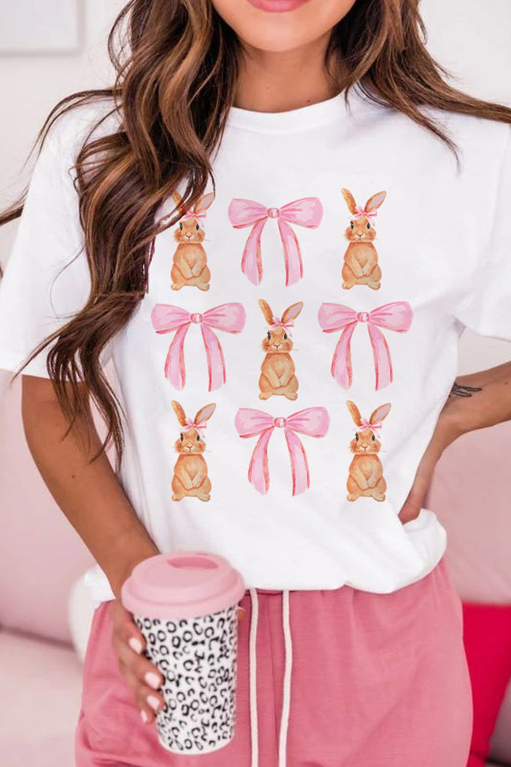 Shewin Wholesale New arrival White Rabbit Bow Knot Graphic Crew Neck T SHIRT